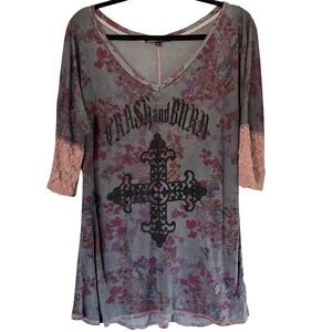 Crash & Burn Floral Cross Embellished Top